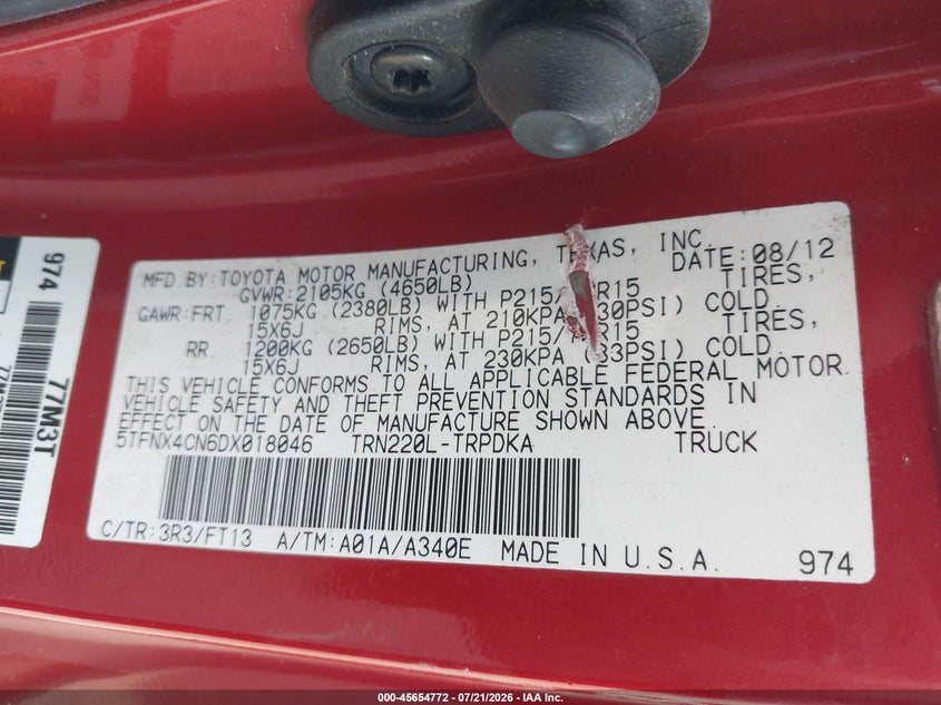 2013 Toyota Tacoma VIN: 5TFNX4CN6DX018046 Lot: 45654772