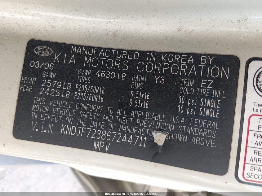 2006 Kia Sportage Ex V6/Lx V6 VIN: KNDJF723867244711 Lot: 45654778
