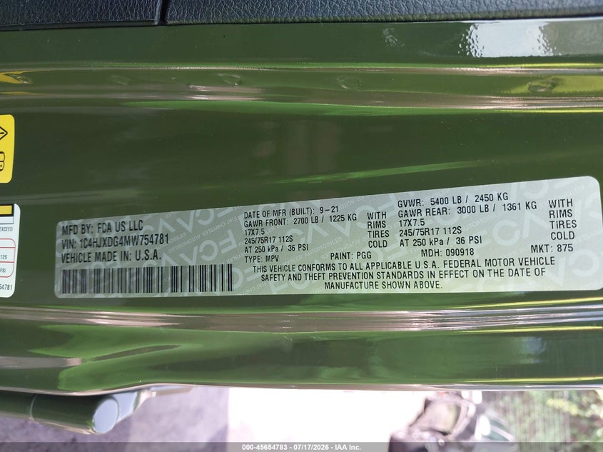 2021 Jeep Wrangler Unlimited Sport S 4X4 VIN: 1C4HJXDG4MW754781 Lot: 45654783