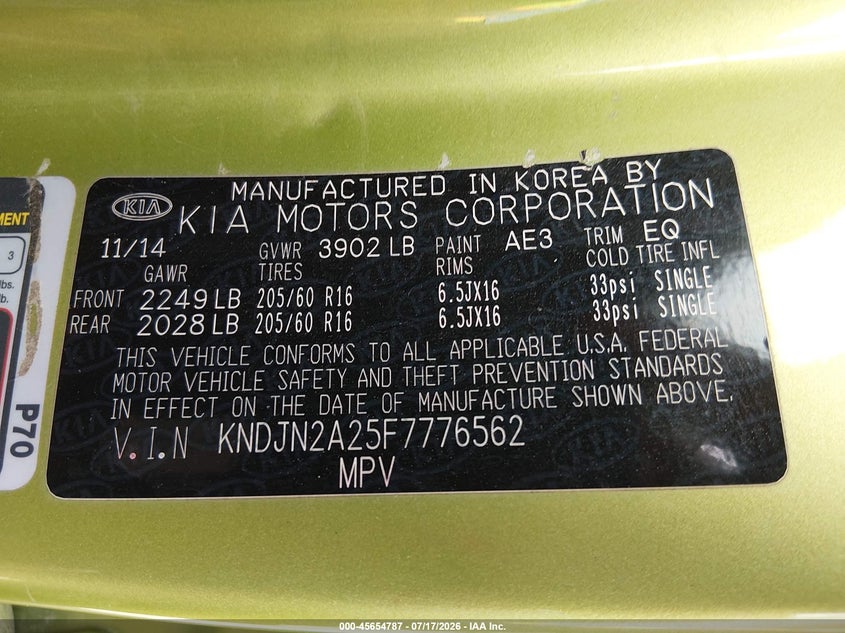 2015 Kia Soul VIN: KNDJN2A25F7776562 Lot: 45654787