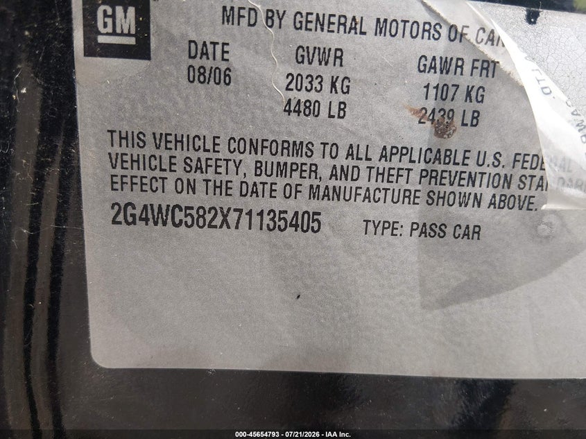 2007 Buick Lacrosse Cx VIN: 2G4WC582X71135405 Lot: 45654793