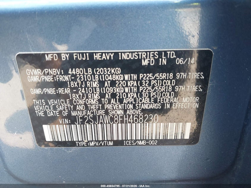 2015 Subaru Forester 2.5I Touring VIN: JF2SJAWC8FH468230 Lot: 45654795