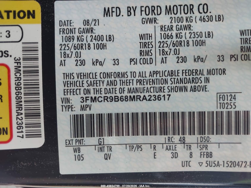 2021 Ford Bronco Sport Big Bend VIN: 3FMCR9B68MRA23617 Lot: 45654799