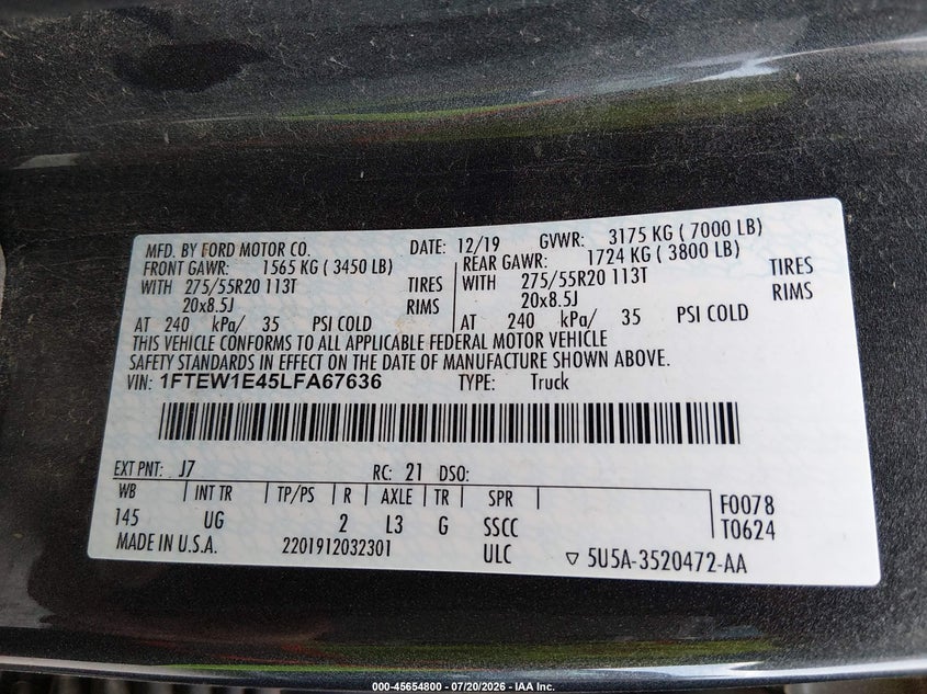 2020 Ford F-150 Xlt VIN: 1FTEW1E45LFA67636 Lot: 45654800