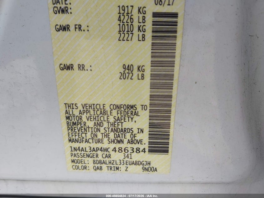2017 NISSAN ALTIMA SEDAN 2.5L I-4 DOHC, VVT, 179HP