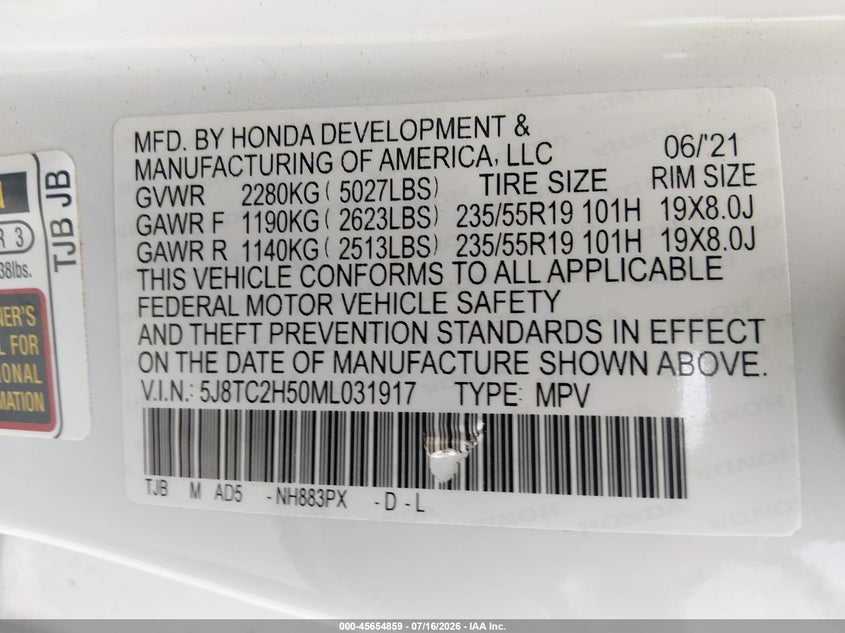2021 Acura Rdx Technology Package VIN: 5J8TC2H50ML031917 Lot: 45654859