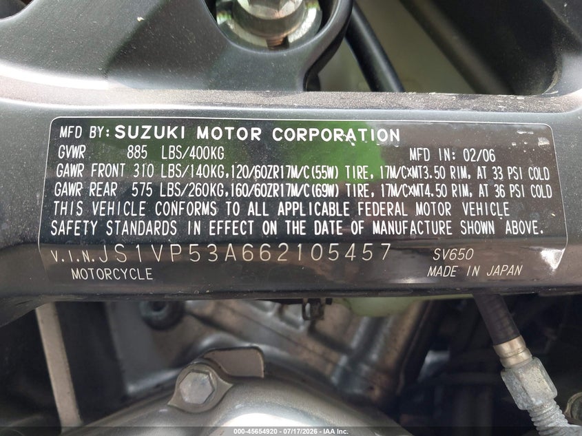 2006 Suzuki Sv650 VIN: JS1VP53A662105457 Lot: 45654920