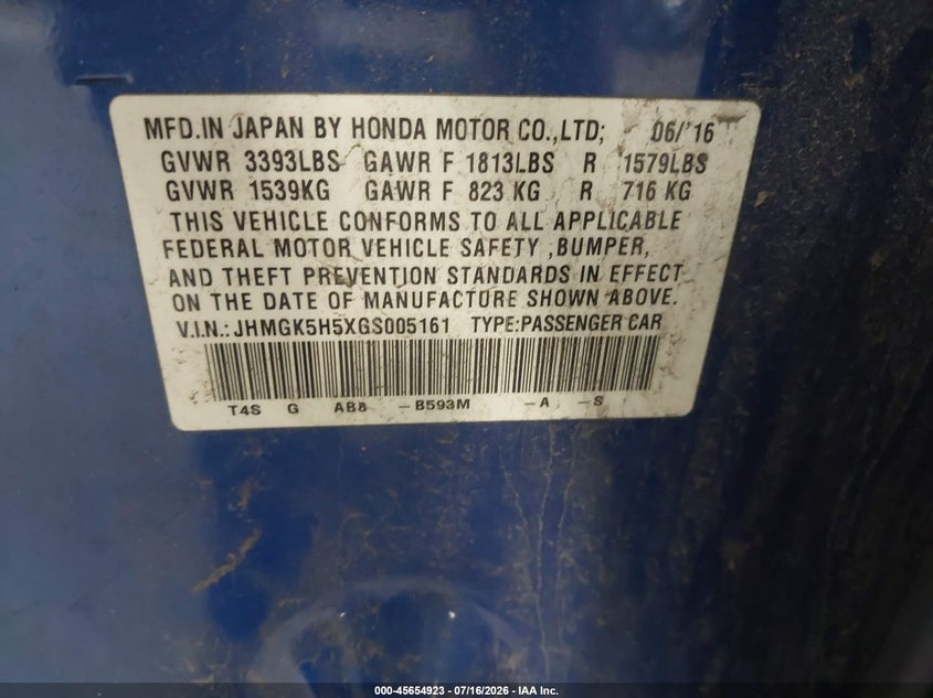 2016 Honda Fit Lx VIN: JHMGK5H5XGS005161 Lot: 45654923
