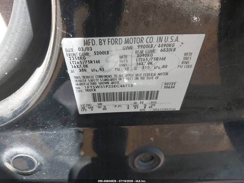 2003 Ford F-350 Lariat/Xl/Xlt VIN: 1FTSW31P33EC46715 Lot: 45654926