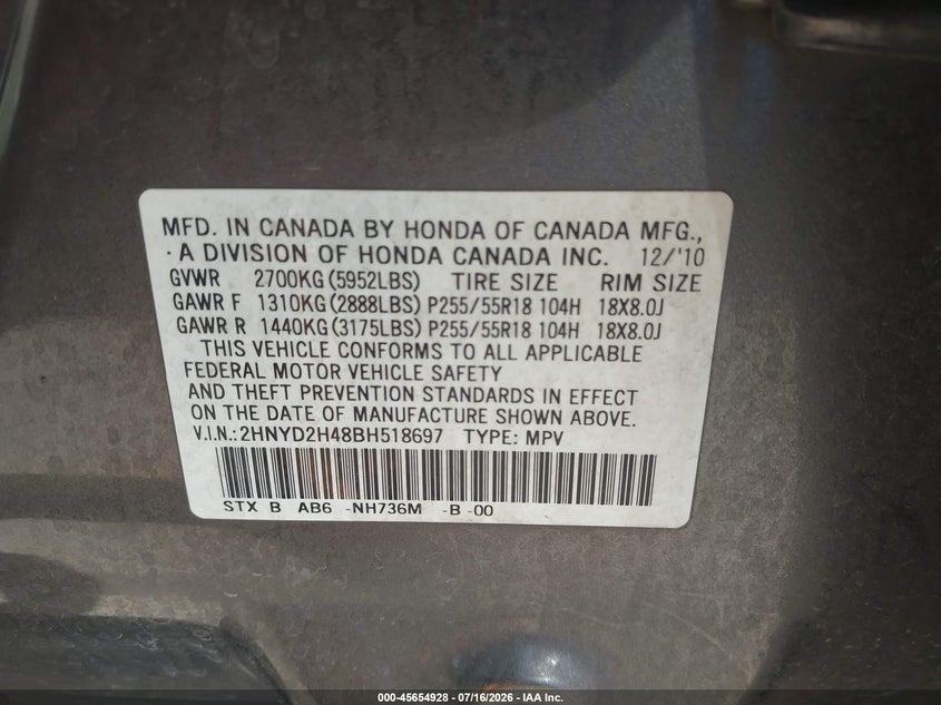 2011 Acura Mdx Technology Package VIN: 2HNYD2H48BH518697 Lot: 45654928