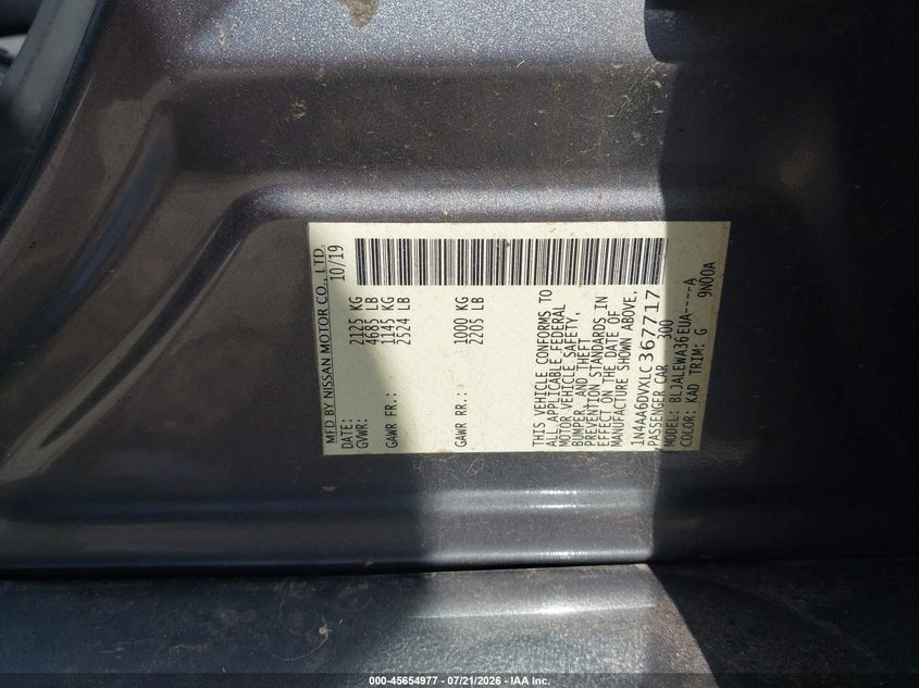 2020 Nissan Maxima Sl Xtronic Cvt VIN: 1N4AA6DVXLC367717 Lot: 45654977