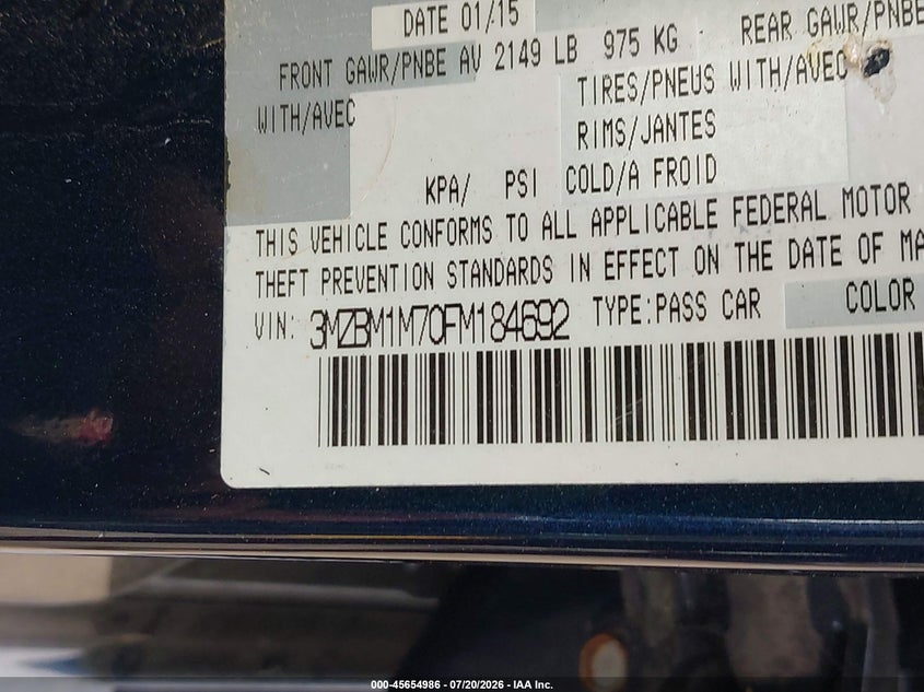 MAZDA MAZDA3 2015 VIN 3MZBM1M70FM184692