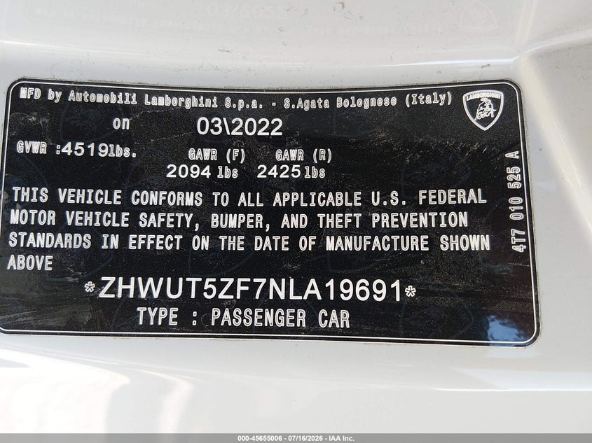 2022 Lamborghini Huracan Evo Spyder Rwd VIN: ZHWUT5ZF7NLA19691 Lot: 45655006