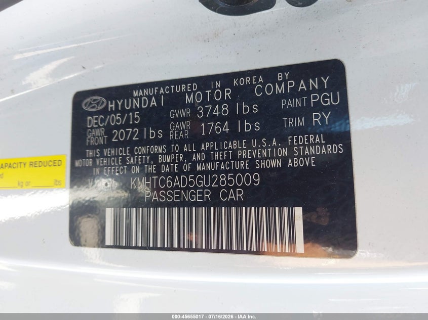 2016 Hyundai Veloster VIN: KMHTC6AD5GU285009 Lot: 45655017