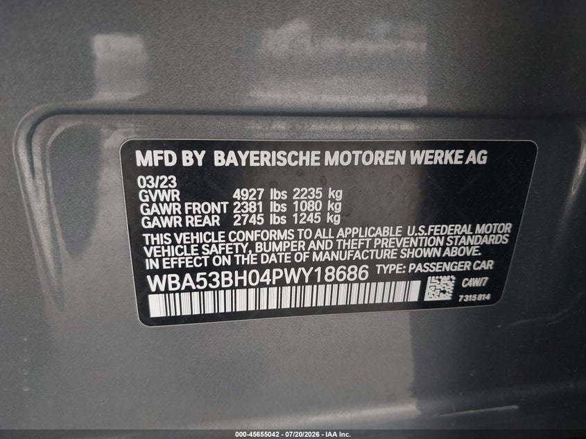 2023 BMW 530 I VIN: WBA53BH04PWY18686 Lot: 45655042
