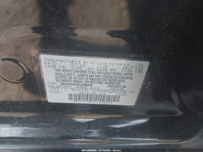 NISSAN VERSA 2015 VIN 3N1CN7AP5FL838316