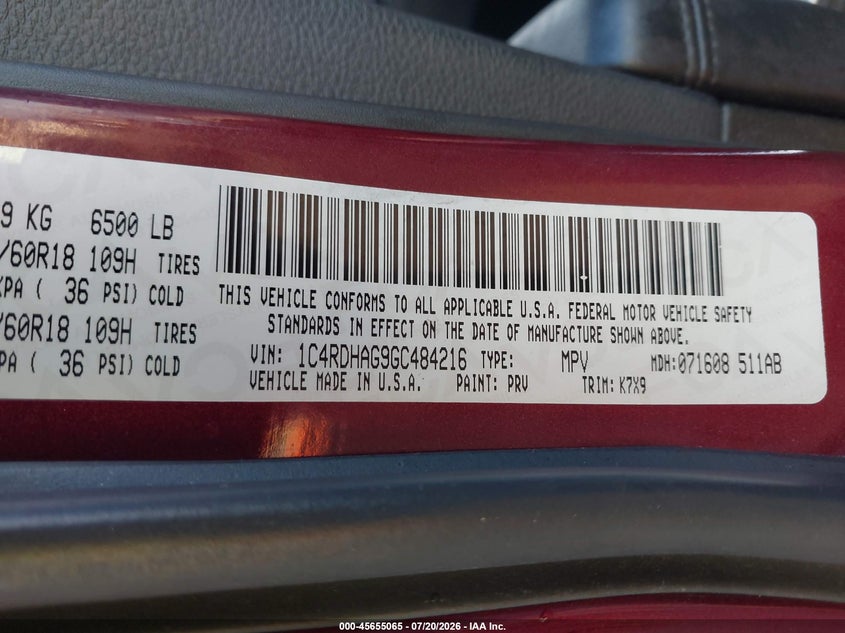 2016 Dodge Durango Sxt VIN: 1C4RDHAG9GC484216 Lot: 45655065