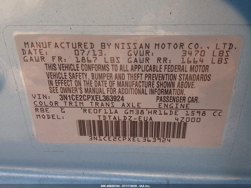 2014 Nissan Versa Note Sv VIN: 3N1CE2CPXEL363924 Lot: 45655104