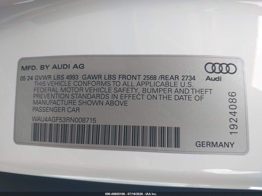 2024 Audi A5 Cabriolet Premium Plus 45 Tfsi S Line Quattro S Tronic VIN: WAU4AGF53RN008715 Lot: 45655106