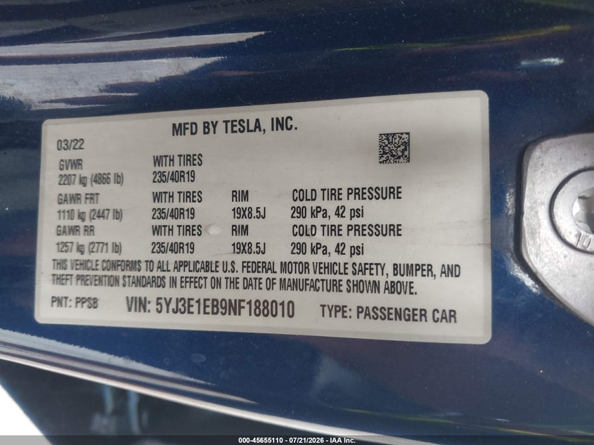 2022 Tesla Model 3 Long Range Dual Motor All-Wheel Drive VIN: 5YJ3E1EB9NF188010 Lot: 45655110