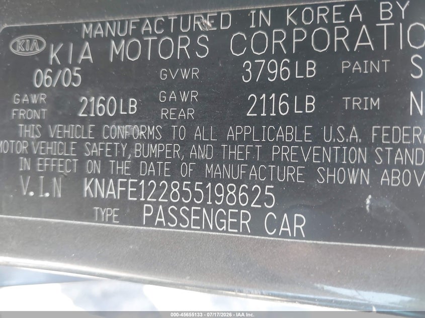2005 Kia Spectra Ex/Lx/Sx VIN: KNAFE122855198625 Lot: 45655133