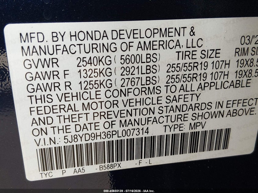 2023 Acura Mdx Standard VIN: 5J8YD9H36PL007314 Lot: 45655139