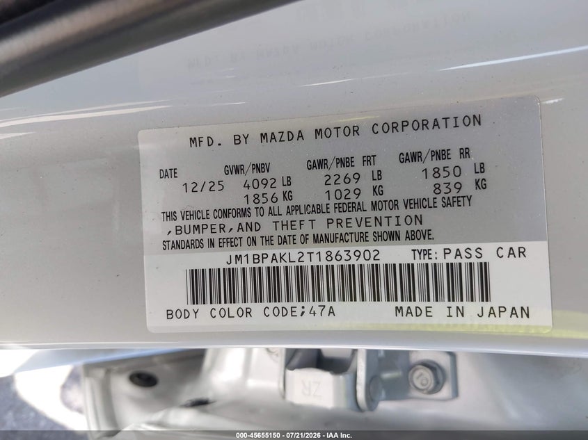 2026 Mazda Mazda3 2.5 S Select Sport VIN: JM1BPAKL2T1863902 Lot: 45655150