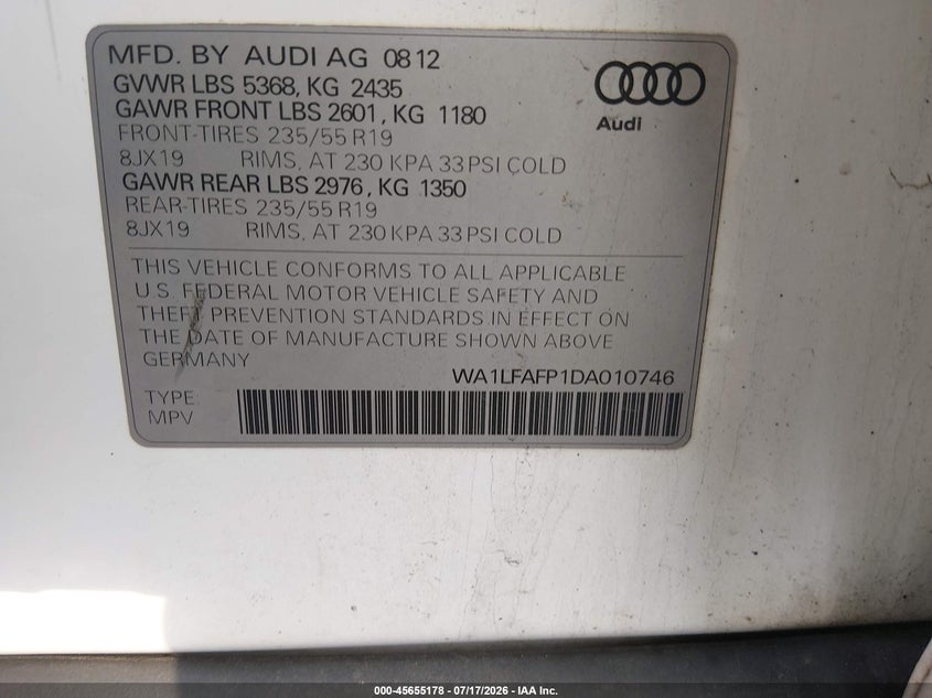 2013 Audi Q5 2.0T Premium VIN: WA1LFAFP1DA010746 Lot: 45655178