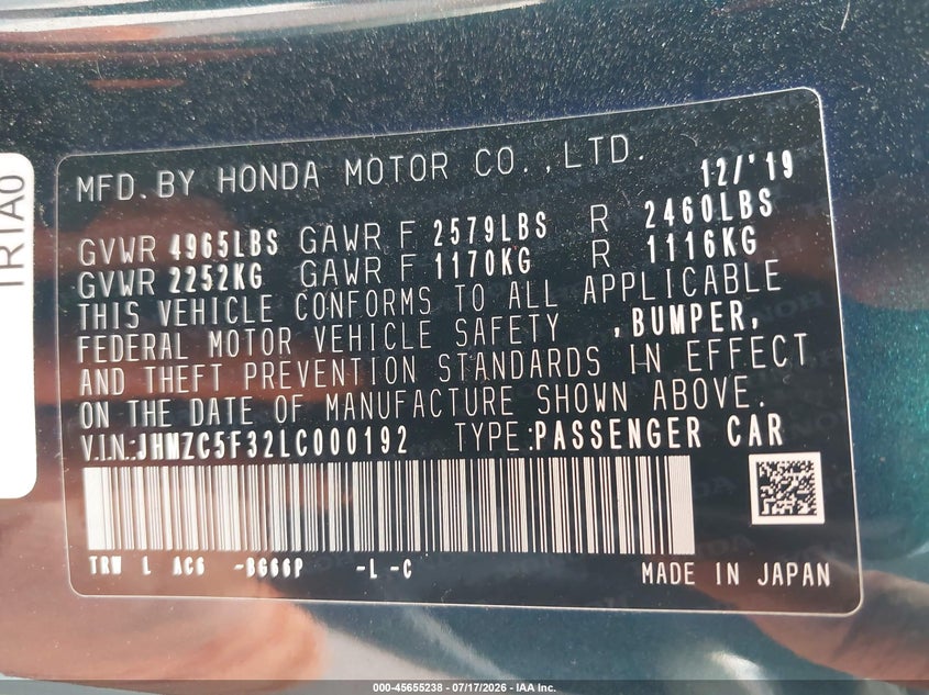 2020 Honda Clarity Plug-In Hybrid Touring VIN: JHMZC5F32LC000192 Lot: 45655238