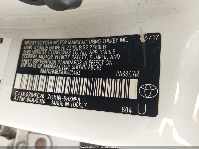 2018 Toyota C-Hr Xle Premium VIN: NMTKHMBX8JR005463 Lot: 45655257