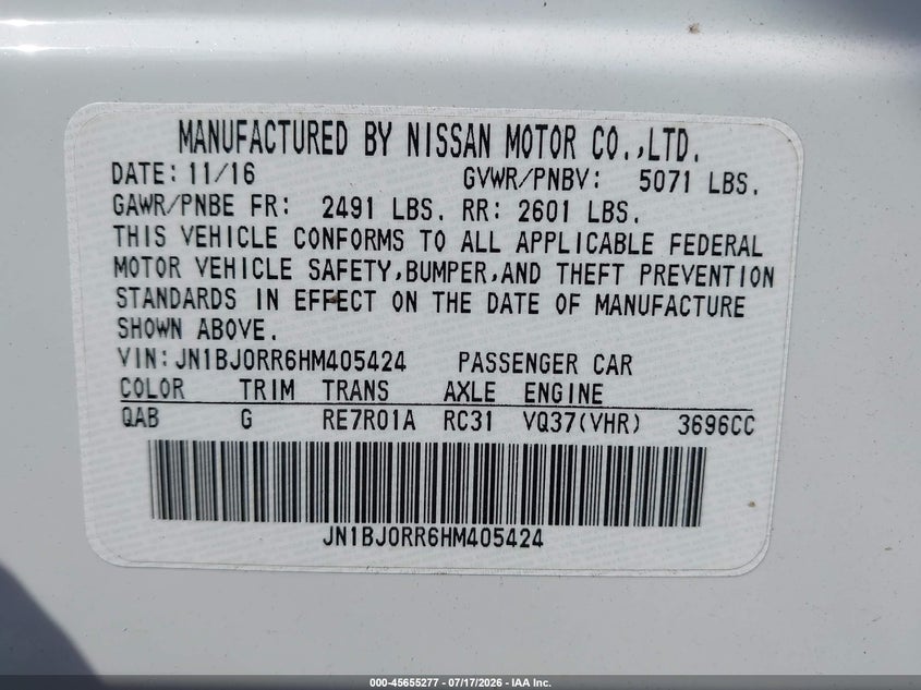 2017 Infiniti Qx50 VIN: JN1BJ0RR6HM405424 Lot: 45655277