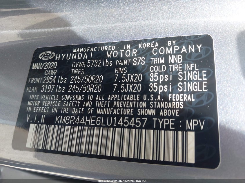 2020 Hyundai Palisade Sel VIN: KM8R44HE6LU145457 Lot: 45655292