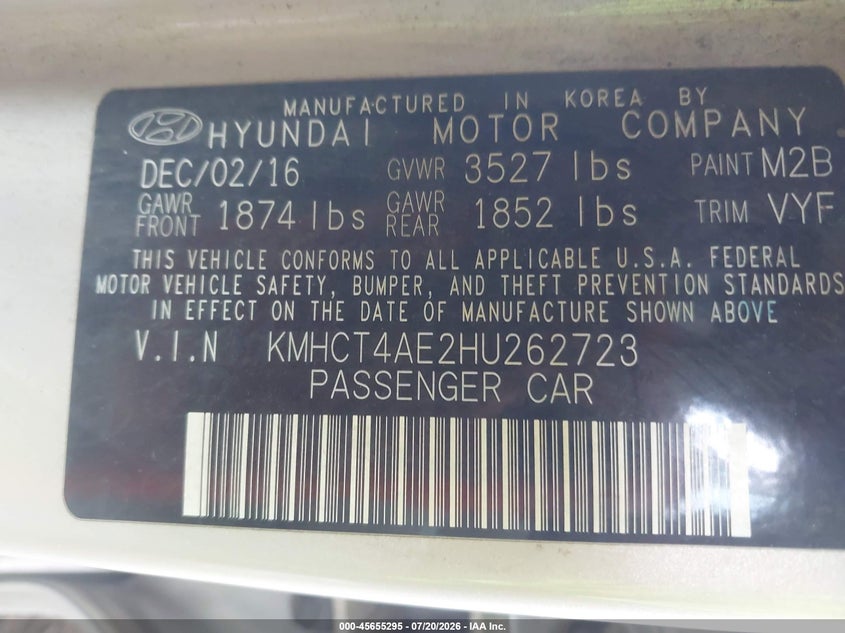 2017 Hyundai Accent Se VIN: KMHCT4AE2HU262723 Lot: 45655295