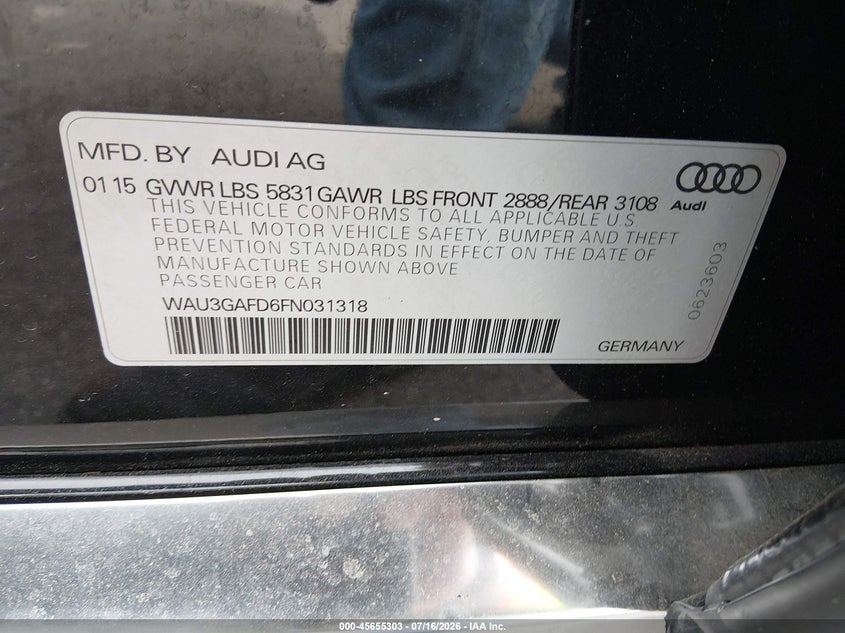 2015 Audi A8 L 3.0T VIN: WAU3GAFD6FN031318 Lot: 45655303
