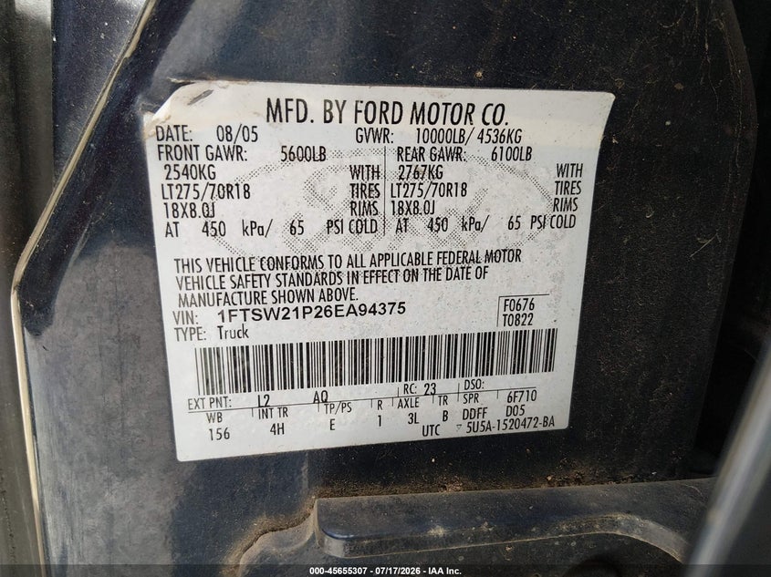2006 Ford F-250 Lariat/Xl/Xlt VIN: 1FTSW21P26EA94375 Lot: 45655307