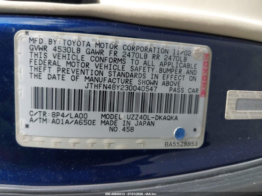 2003 Lexus Sc 430 VIN: JTHFN48Y230040547 Lot: 45655312