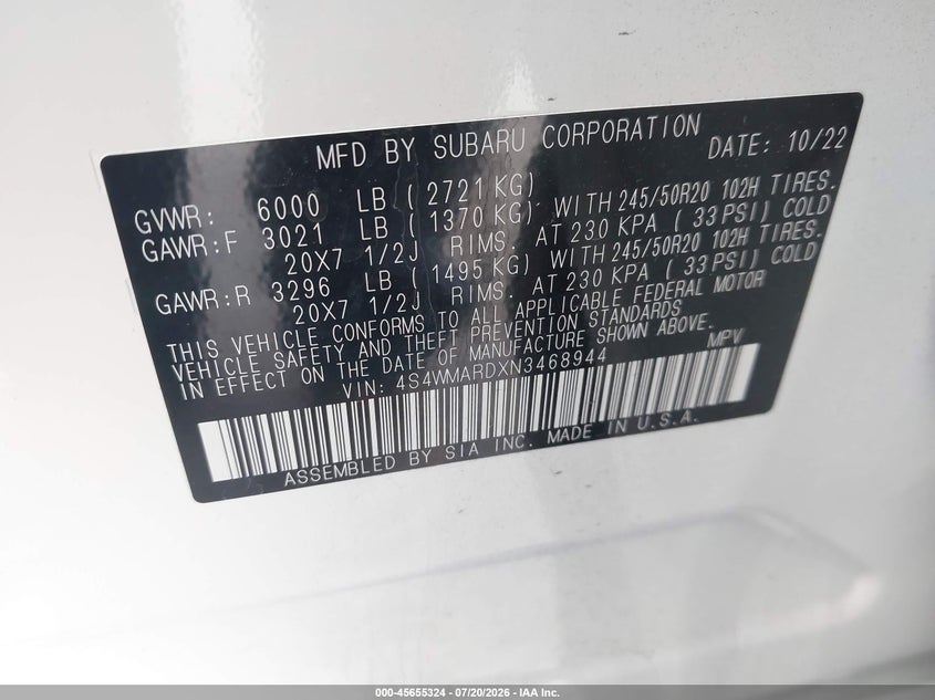 2022 Subaru Ascent Touring VIN: 4S4WMARDXN3468944 Lot: 45655324
