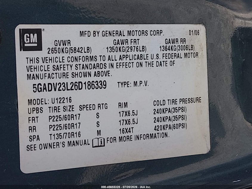 2006 Buick Terraza Cx VIN: 5GADV23L26D186339 Lot: 45655328
