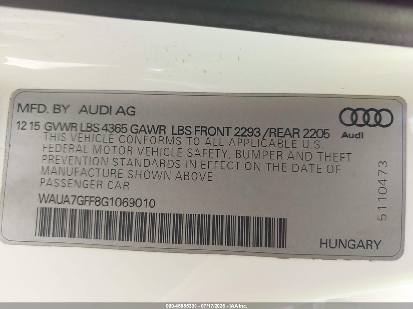 2016 Audi A3 1.8T Premium VIN: WAUA7GFF8G1069010 Lot: 45655330