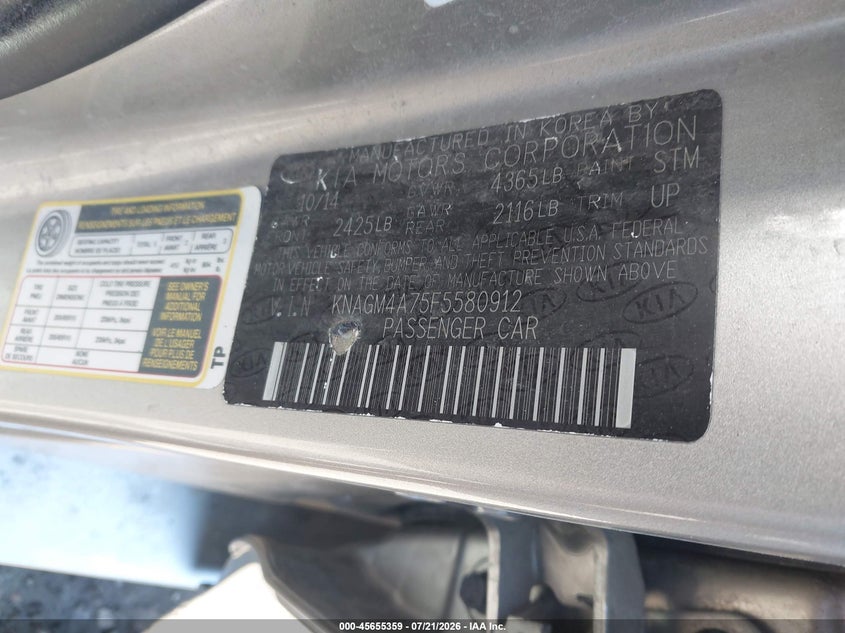 2015 Kia Optima Lx VIN: KNAGM4A75F5580912 Lot: 45655359