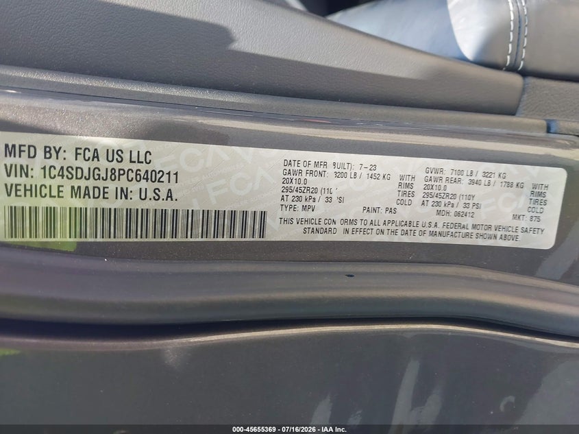 2023 Dodge Durango Srt 392 Premium Awd VIN: 1C4SDJGJ8PC640211 Lot: 45655369