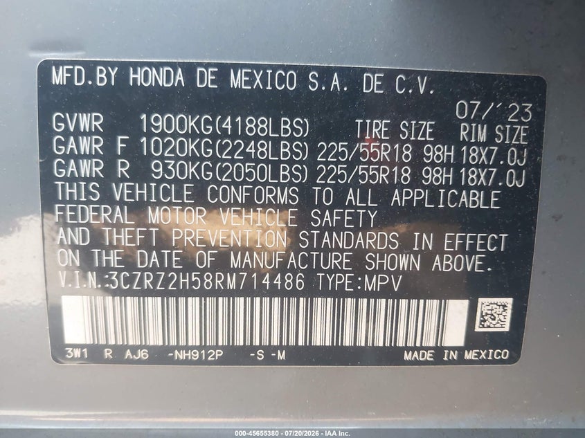 2024 Honda Hr-V Awd Sport/Awd Sport W/O Bsi VIN: 3CZRZ2H58RM714486 Lot: 45655380