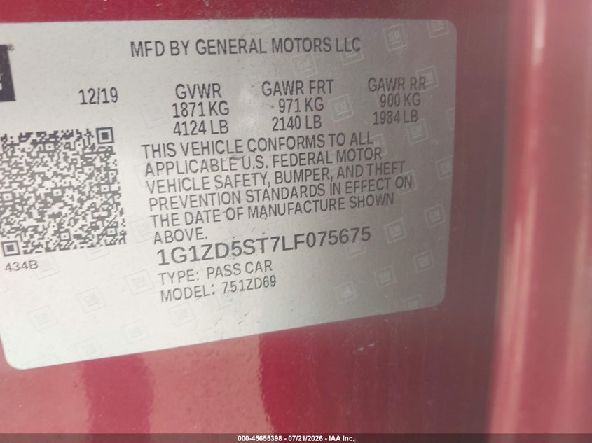 2020 Chevrolet Malibu Fwd Lt VIN: 1G1ZD5ST7LF075675 Lot: 45655398