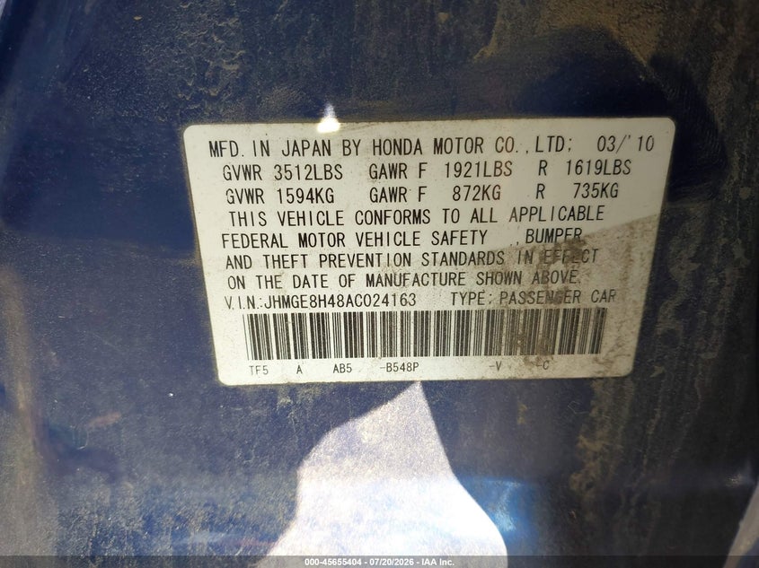 2010 Honda Fit VIN: JHMGE8H48AT024163 Lot: 45655404