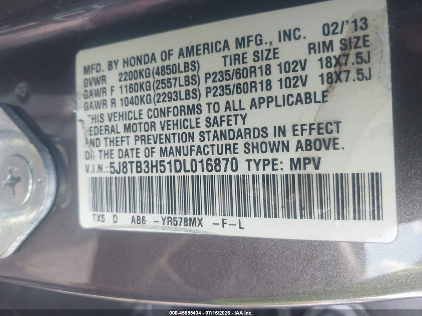 2013 Acura Rdx VIN: 5J8TB3H51DL016870 Lot: 45655434
