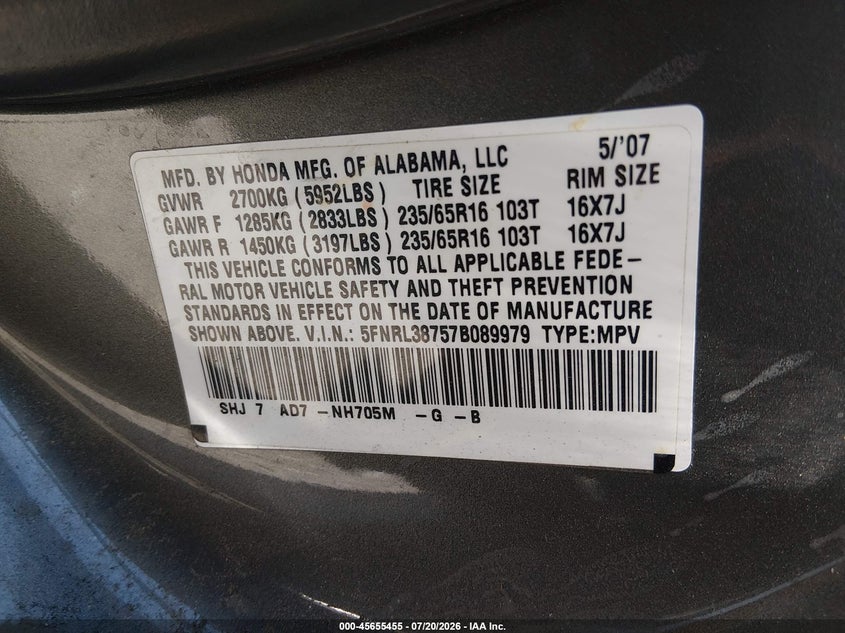 2007 Honda Odyssey Ex-L VIN: 5FNRL38757B089979 Lot: 45655455