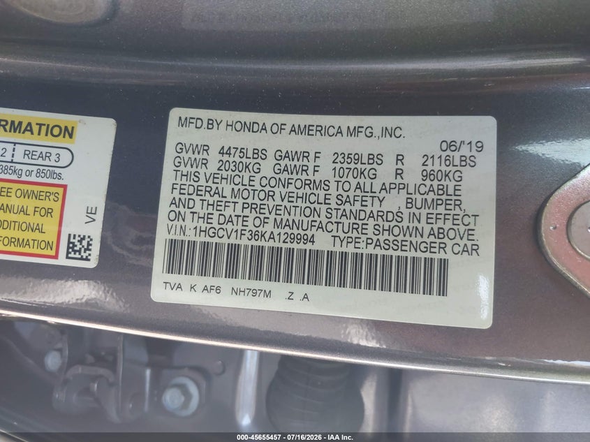 2019 Honda Accord Sport VIN: 1HGCV1F36KA129994 Lot: 45655457