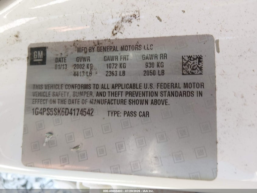 2013 Buick Verano Leather Group VIN: 1G4PS5SK6D4174542 Lot: 45655483