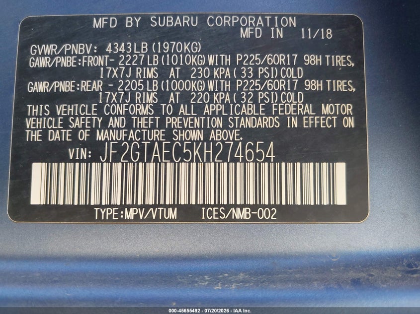 2019 Subaru Crosstrek 2.0I Premium VIN: JF2GTAEC5KH274654 Lot: 45655492