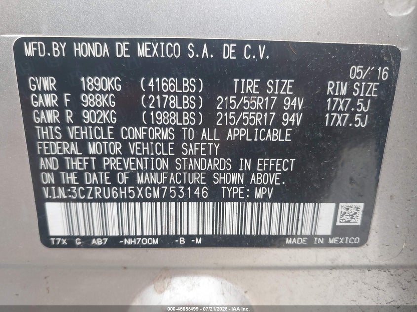 2016 Honda Hr-V Ex VIN: 3CZRU6H5XGM753146 Lot: 45655499